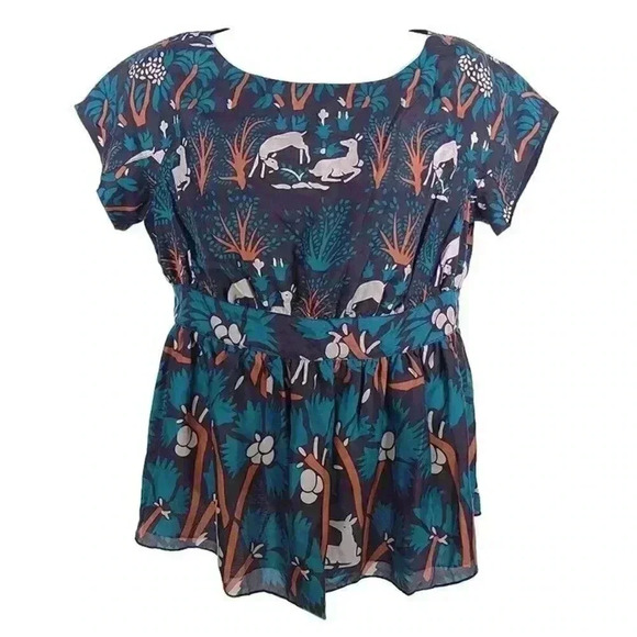 Anthropologie Anna Sui Silk Blouse Top 2 Roe Habitat Deer Woodland Forest Lined - Picture 1 of 7